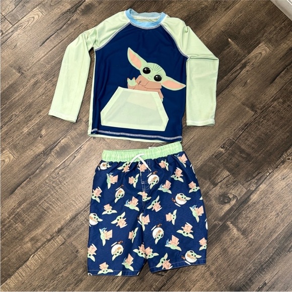 Star Wars The Mandalorian Baby Yoda Big Boys Swim Rash Guard Swim Trunks set - Picture 1 of 5